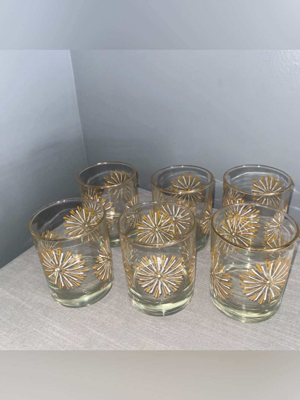Libbey Gold White Atomic Starburst Bourbon Glasses - Set of 6 1970’s